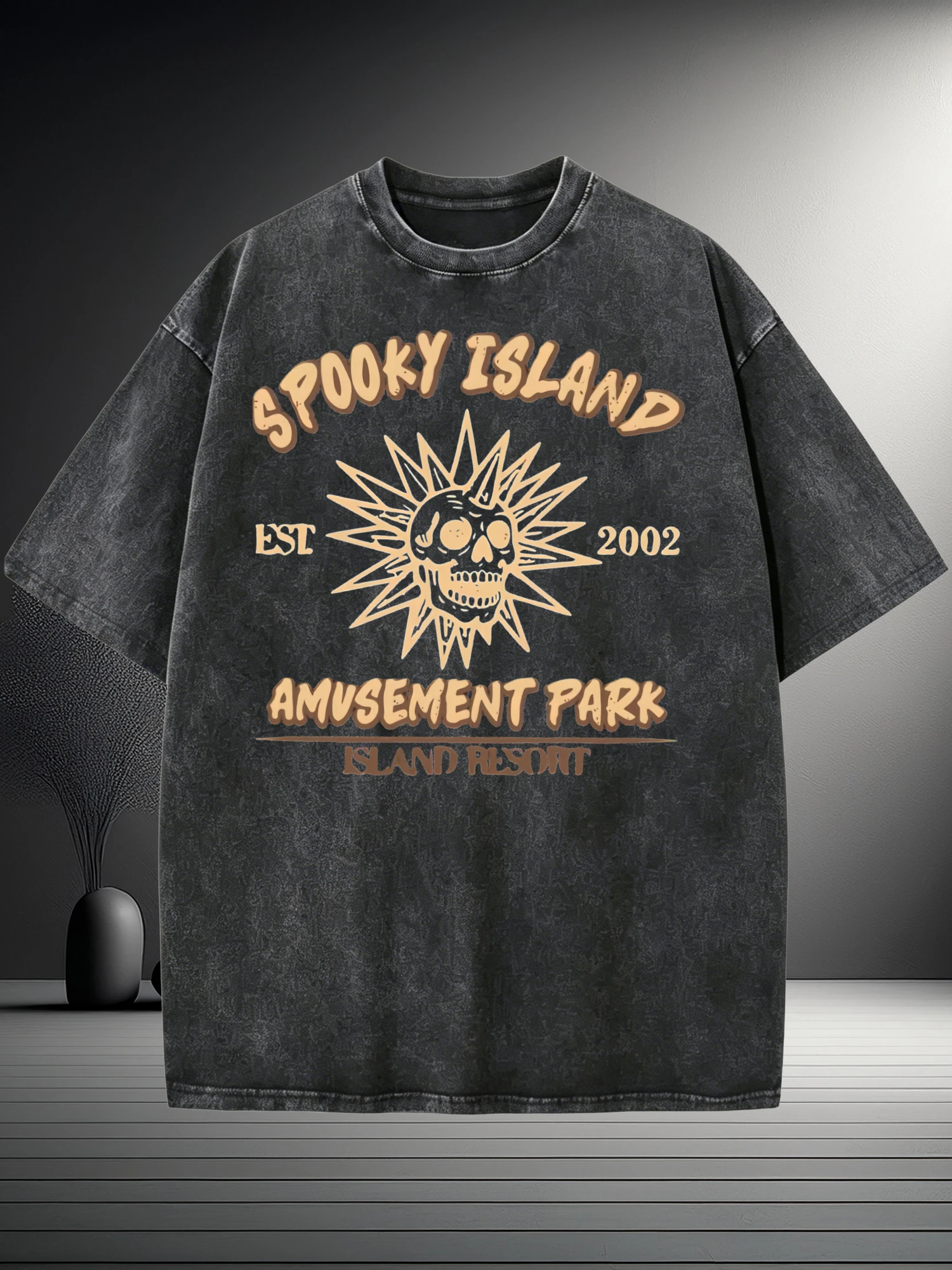 New Washed T-Shirt: Men's Ghost Island Amusement Park Retro Skull T-Shirt, Mystery Black Edition - 100% Cotton, Comfortable and Stylish