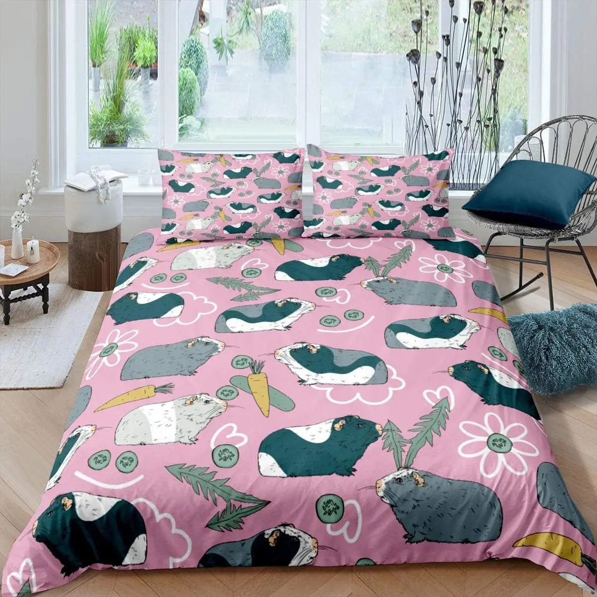 Kids Cute Cavy Duvet Cover Set Double Size 3D Cartoon Guinea Pig Bedding Set With 2 Pillowcases Carrot Floral Cover