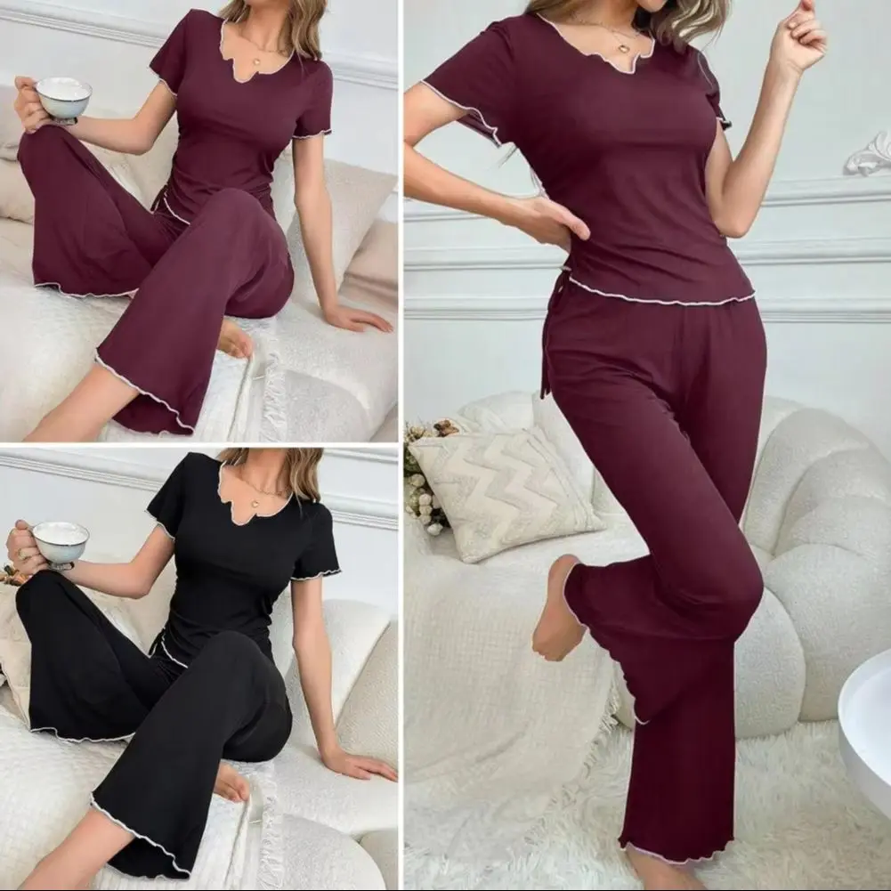 Women Pajamas Set Two-piece Pajama Set 2pcs Summer Women Pajama Set Slim Fit Short Sleeve V Neck Top Elastic Waist Long Pants