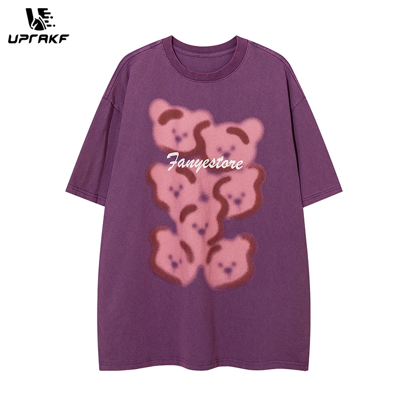 

UPRAKF Streetwear Bear Graphic Print Washed Crew Neck Summer Fashion Tee Oversize Cotton Casual Simple Short Sleeve