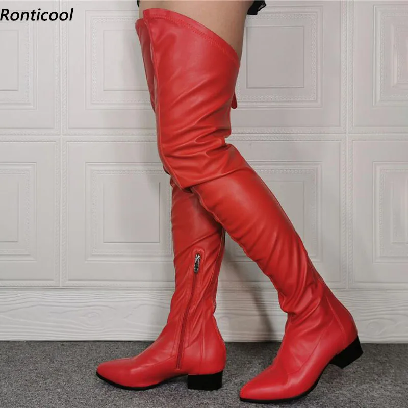 

Ronticool New Women Spring Over Knee Boots Back Zipper Flat With Heels Pointed Toe Red Fuchsia Party Shoes US Plus Size 5-15