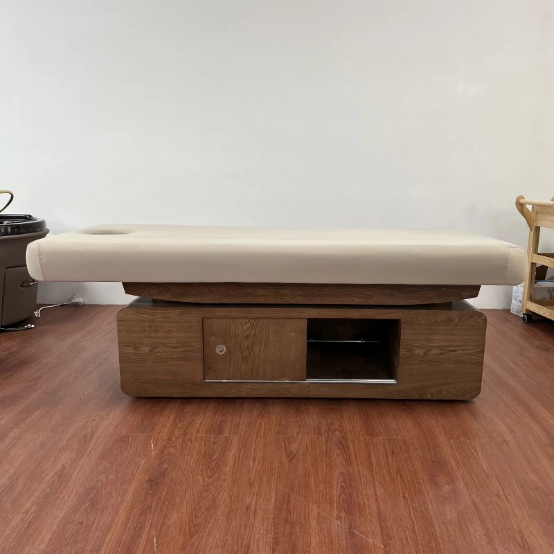 Modern Thai Style Beauty Salon Massage Table Heavy Duty Wooden Facial Spa Lash Bed With Storage Cabinet