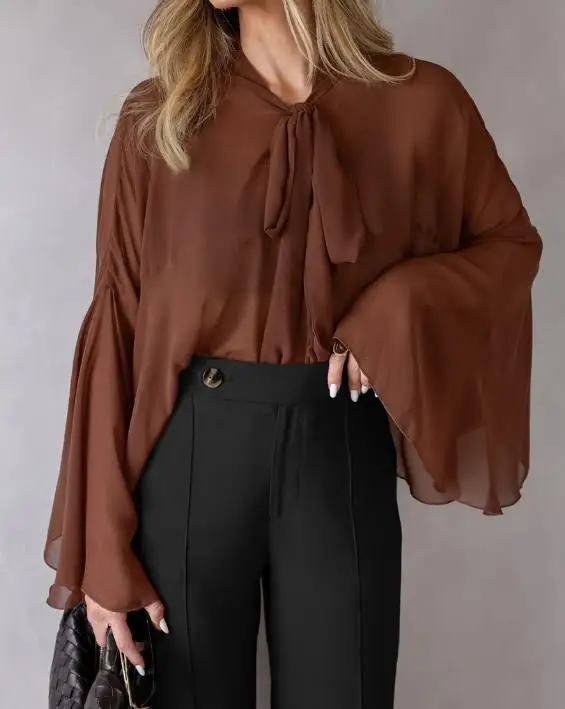 

Loose and Breathable Chiffon Top for Women In Autumn 2025 New Style with Off Shoulder Sleeve Versatile and Simple Lace Up Shirt