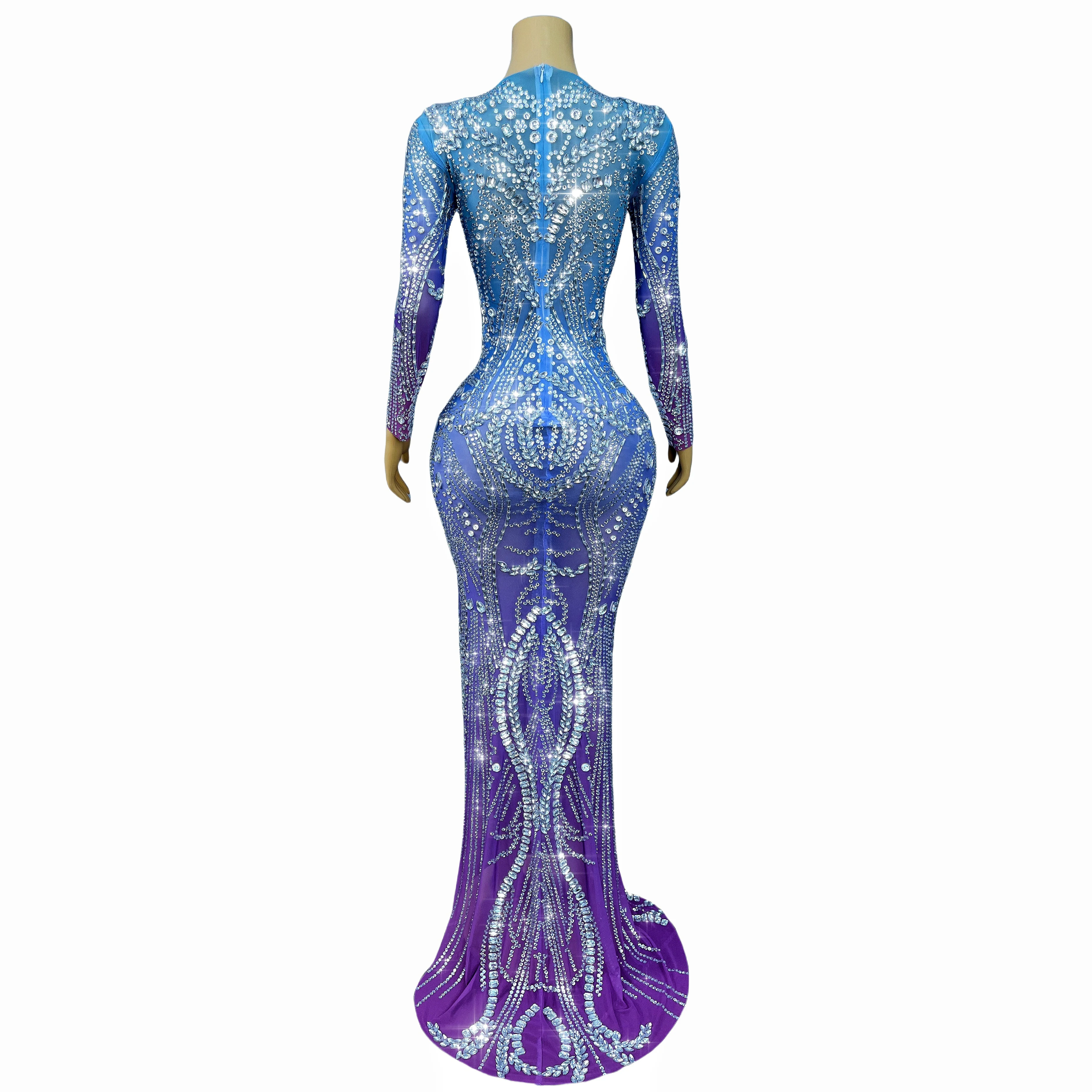 Dreamy Gradient Color Shining Silver Rhinestones Trim fit Split Dress Women Party Evening Gown Red carpet Stage Costume Fuling