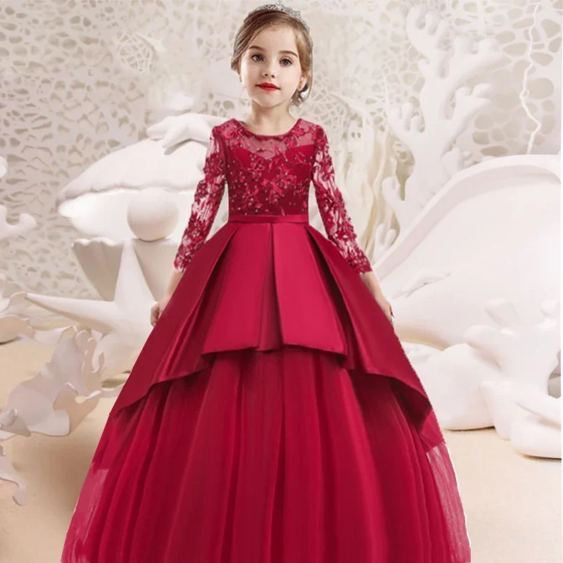 Vestido de noite manga comprida elegante para meninas, vestido de princesa para crianças, florista, festa de casamento, aniversário, Natal