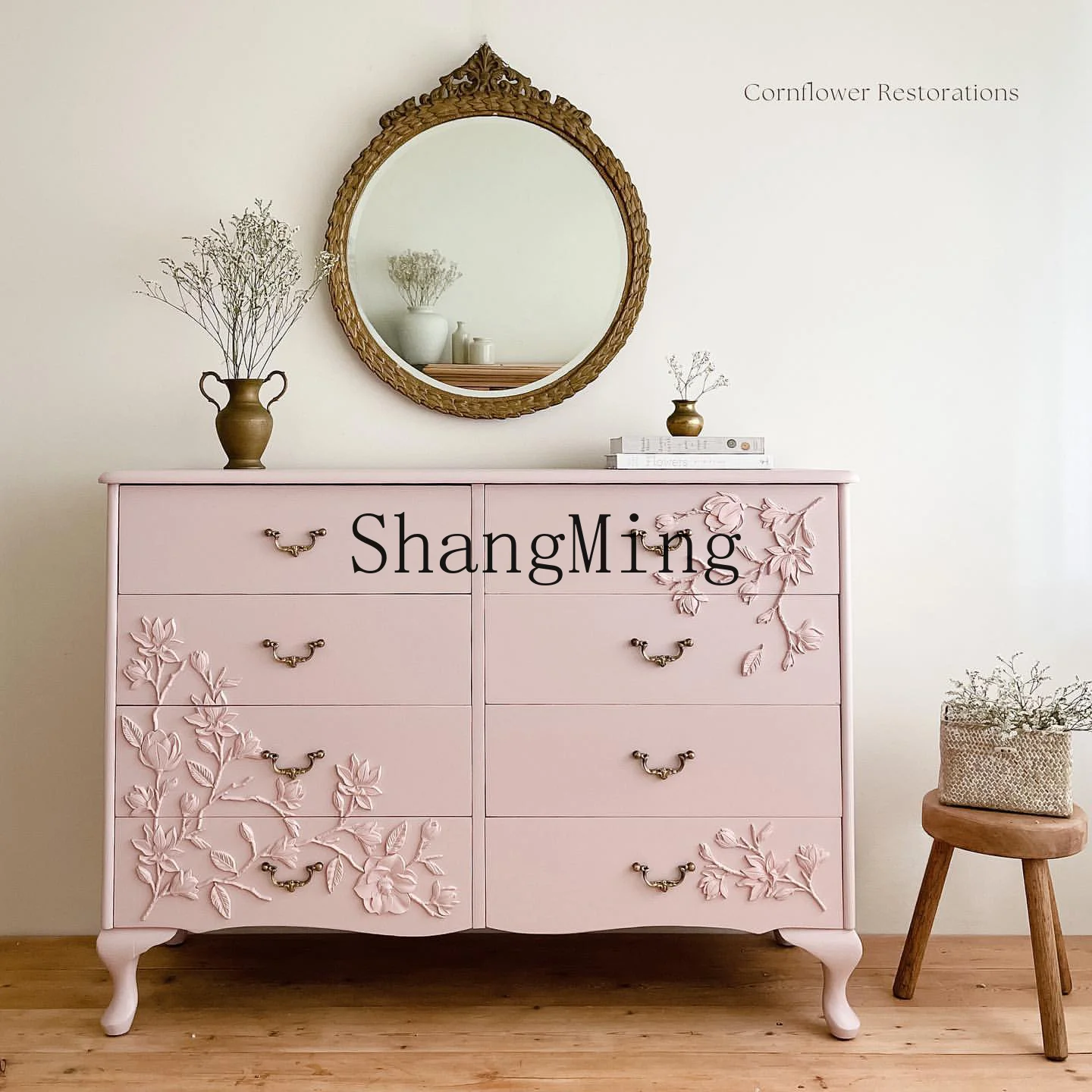 

CL retro solid wood pastoral hand-carved pink living room wall chest simple bedroom storage