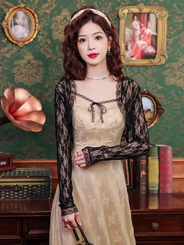 

Elegant Short Lace Shoulder Wrap Cardigan Summer New Style 2026 Skirt Top Outer Thin Veil Covering Korean Style Long Sleeve