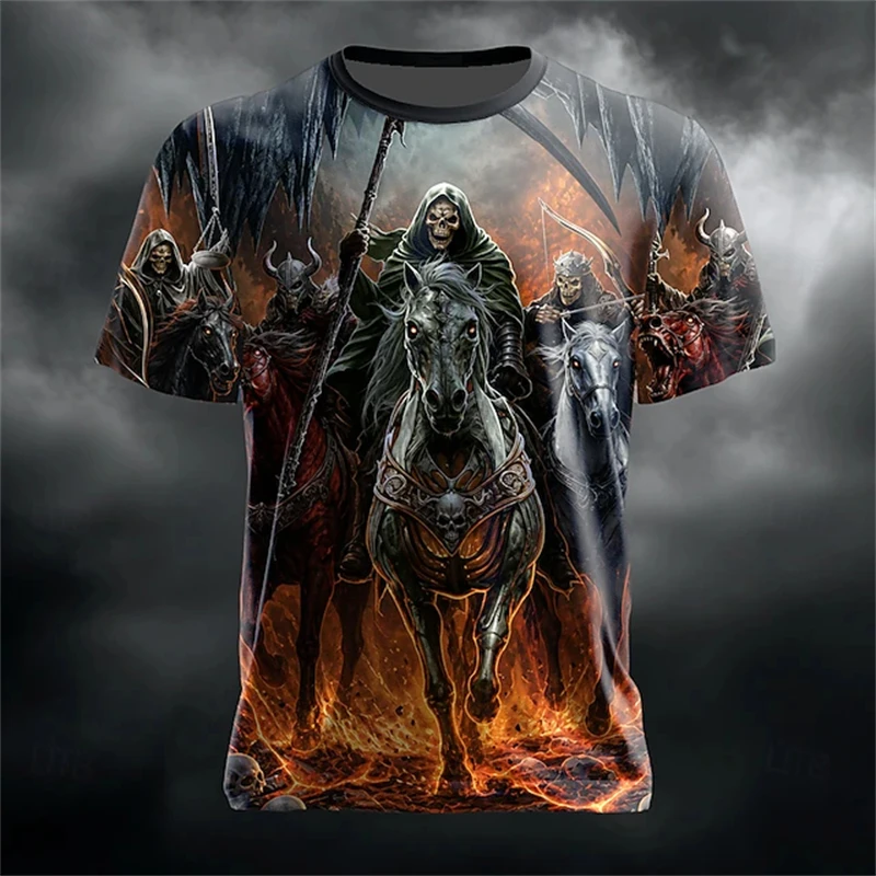 New Men's Halloween Crew-Neck T-Shirt Short-Sleeve 3D Knight-Skull Print Streetwear Gothic Style Men's Holiday Party Top