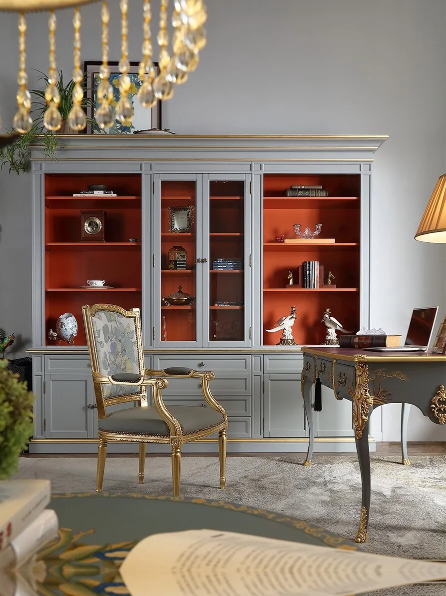 YJQ French light luxury hand-painted gold-painted carved solid wood desk and chair European retro office bookcase