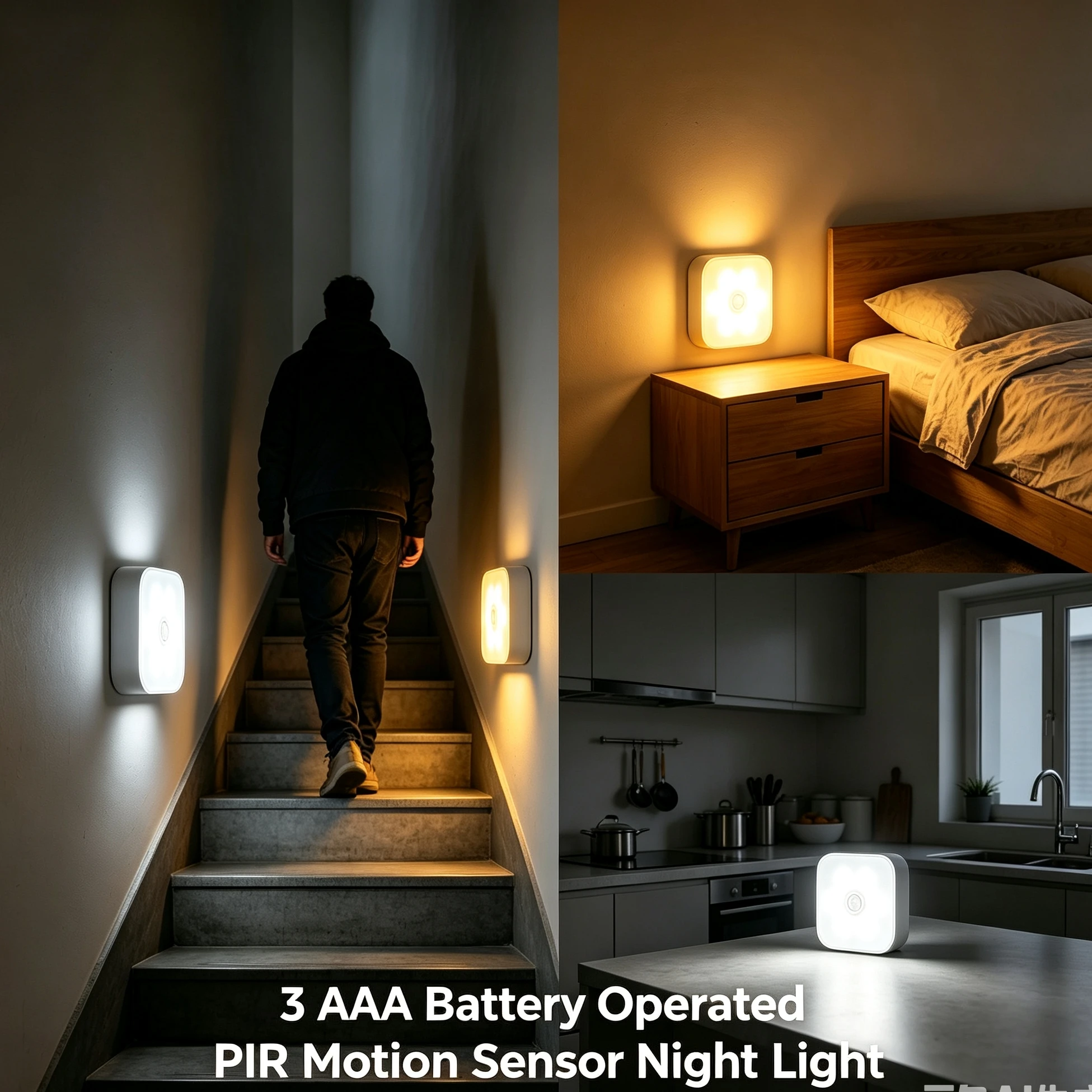 Wireless Human Body Induction Night Light 3 AAA Battery Powered Warm White PIR Motion Sensor LED Lamp, Wall Mount Nightlight for