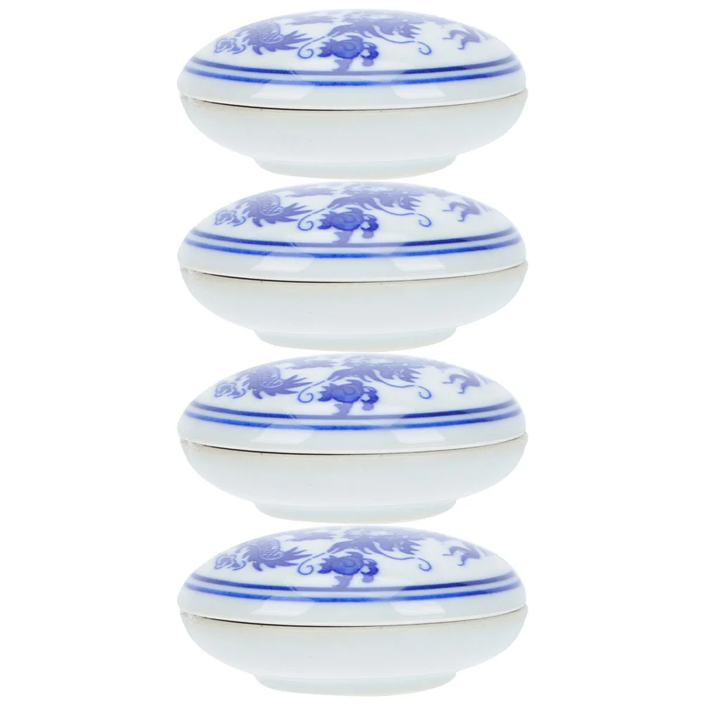 

4 Pcs Blue and White Porcelain Inkpad Calligraphy Accessories Chinese Red Supply Exquisite Stamp