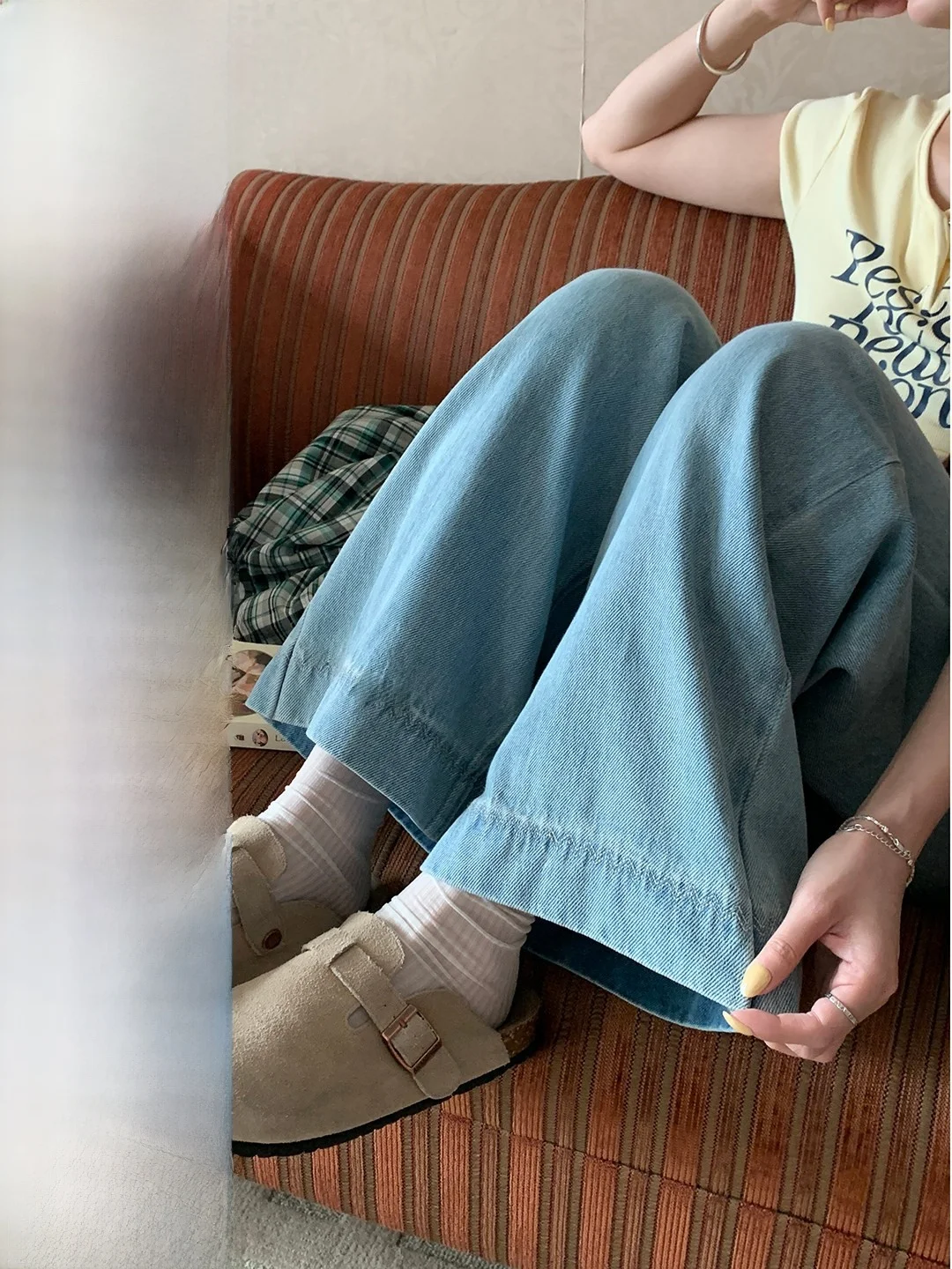 

Синие джинсы с широкими штанинами в корейском стиле, повседневные, с волнообразным узором, с высокой талией, прямого кроя, маленькие размеры, женские летние модные брюки