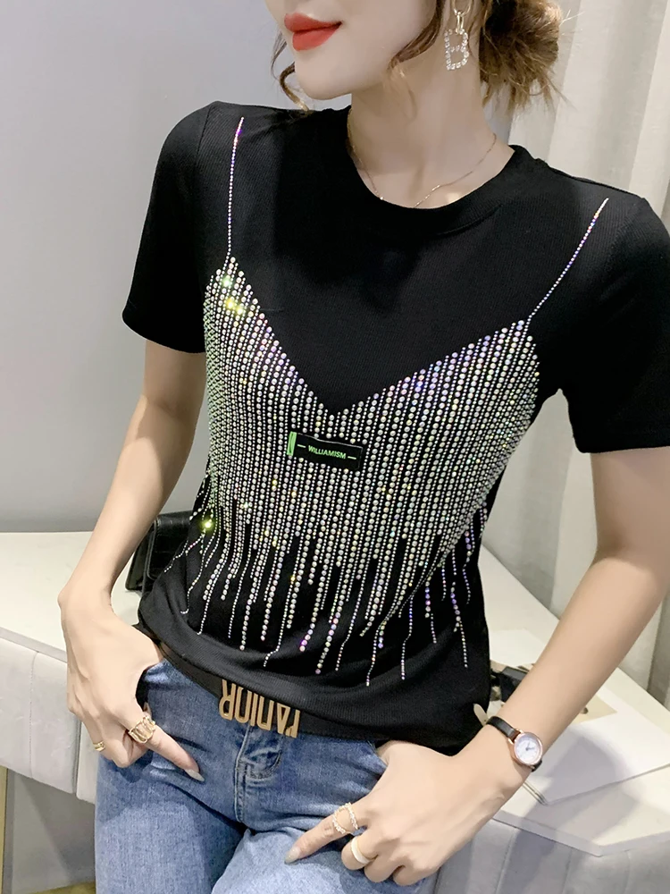 تي شيرت نسائي من Faionable ort Sve مزين ثقيل وتدفئة ماسية كورية Sle بقصة ضيقة من قطن الخيزران مستدير Ne