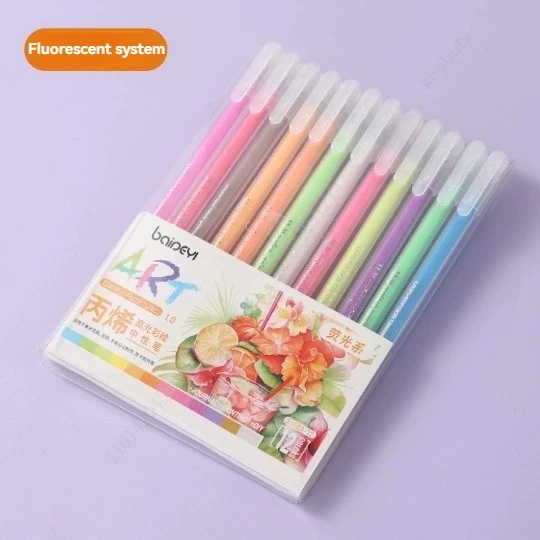 12 Teile/satz Acryl Aquarell Gel Stift Große Kapazität Highlighter Feine Spitze 1,0mm Für DIY Schwarz Karton Zeichnung Markierung Kritzeln – Detail 12