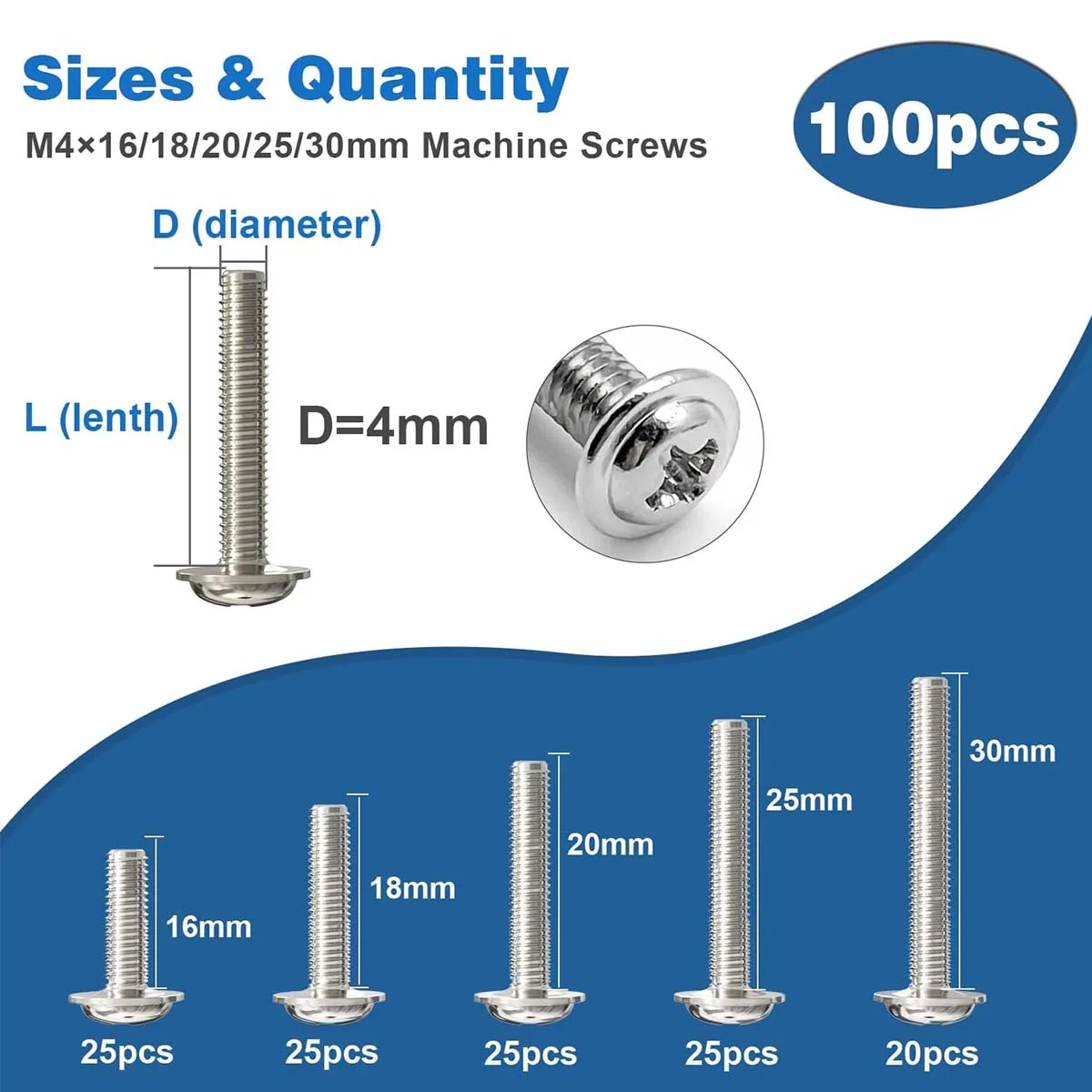 100/120PCS M4×16/18/20/25/30/35/40/45/50mm 304 Stainless Steel Round Head Cross with Washer Screw Kit for Kitchen Bathroom