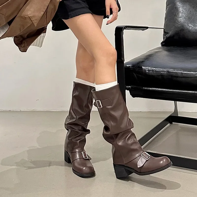 2025new Woman Boots Knee High Platform Chunky Heels Trend Punk Gothic New Rock Leather Fashion Women's Shoes Motorcycle Footwear