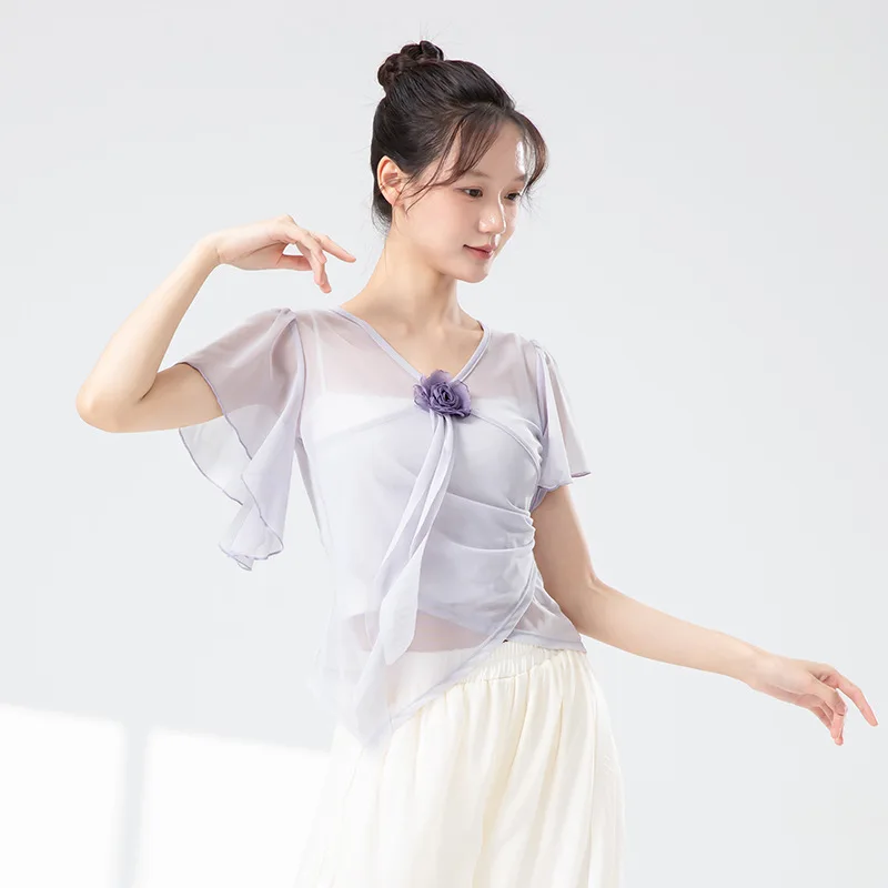 Top da Danza Classica per Donna, Abbigliamento da Allenamento, Maglietta in Tulle con Maniche Corte a Volant, Decorazione Floreale, Costume da Palcoscenico Fluido, Camicetta Estiva