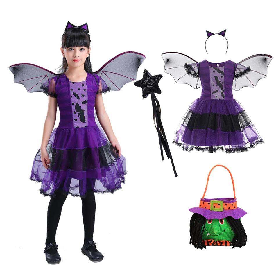 

2023 Halloween Costume for Girl Witch Purple Bat Cosplay Dress Children Disguise with Wing Kids Party Carnival Princess Clothes