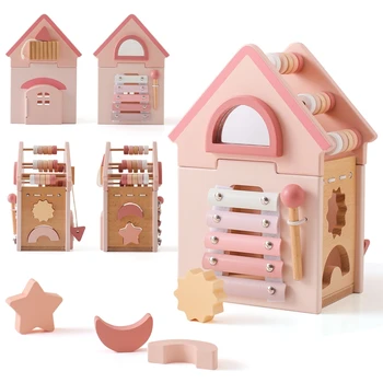 Baby Montessorri toys wooden five-in-one wooden multi-functional toys activity cube silicone geometric blocks educational toys