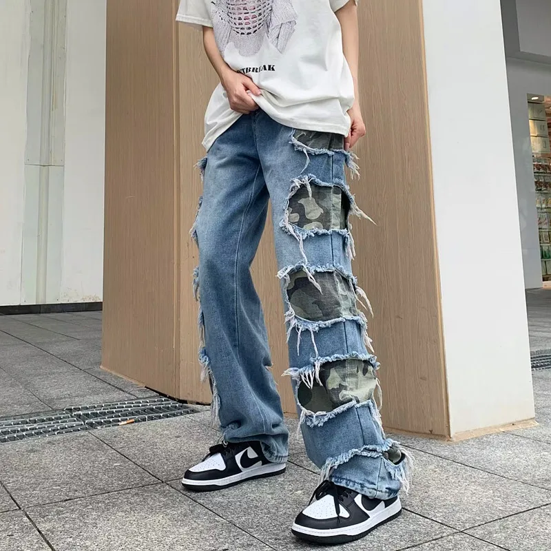 

2023 Ropa Grunge Y2K Streetwear Baggy Stacked Ripped Jeans Pants For Men Clothing Straight Camouflage Patch Women Denim Trousers