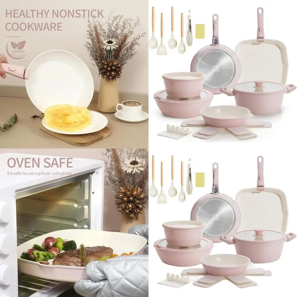 

Pink 23-Piece Nonstick Detachable Handle Cookware Set, Induction Compatible with Frying Pans, Saucepans, Oven Safe