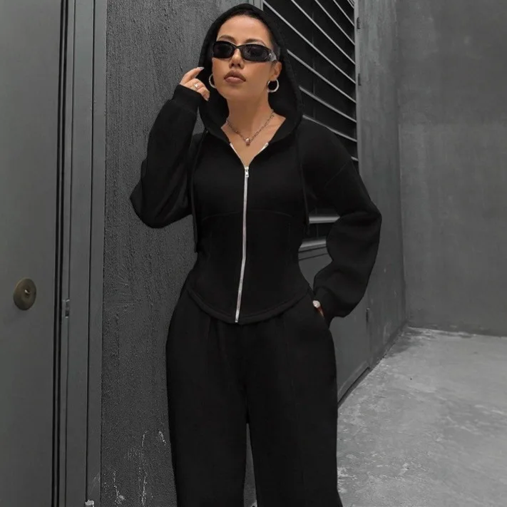 2025 New Fashion Zipper Giacca sottile con cappuccio + Pantaloni a gamba larga Set da due pezzi Donna Autunno Casual Top e pantaloni Abiti per le donne