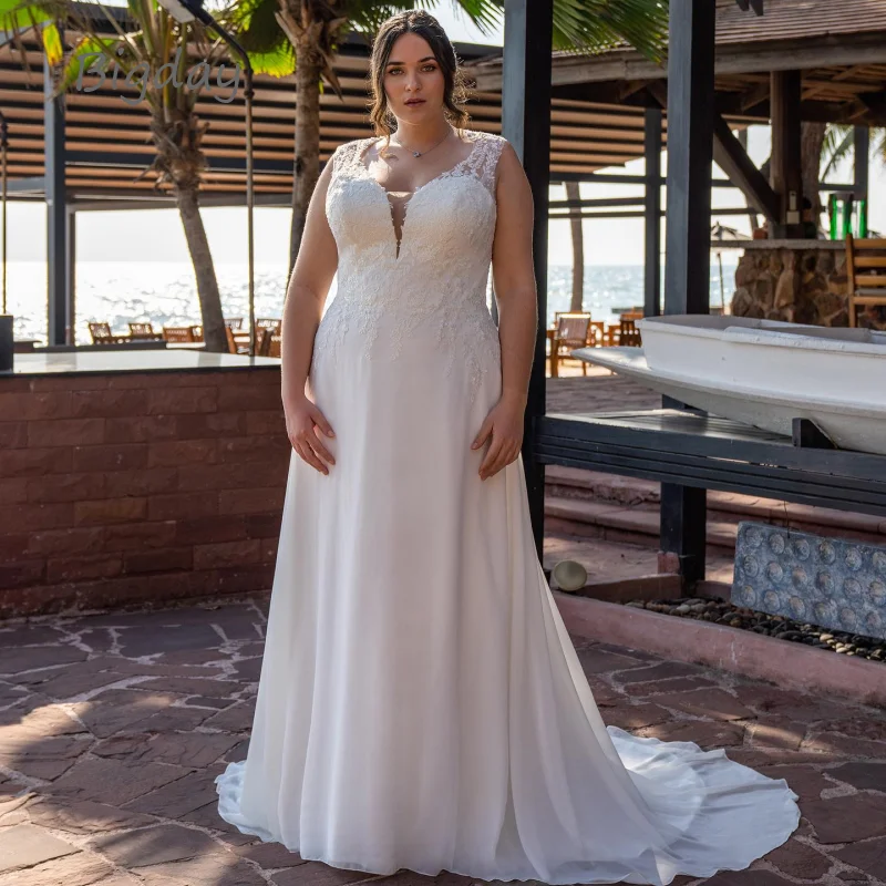 Elegantes vestidos de noiva em renda para mulheres, decote em v, plus size, costas brancas ilusionistas, vestido de noiva chiffon