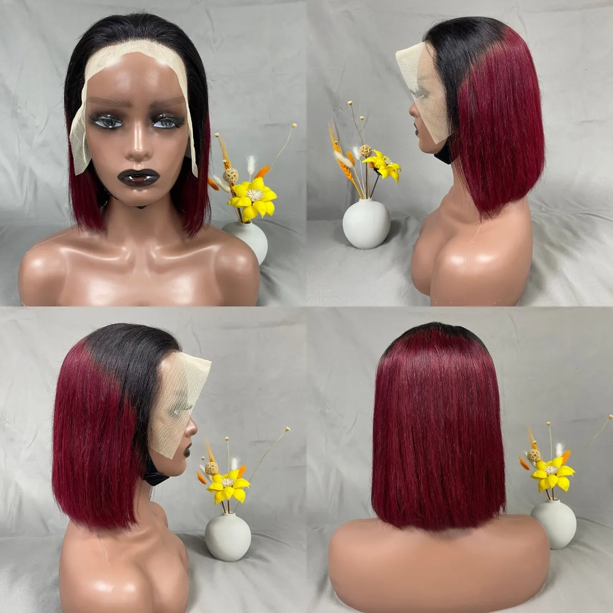 1B 99j Short Straight Bob Wig Human Hair 1B Burgundy 13x4 Lace Front Wigs Human Hair Bob Frontal Wigs For Black Women 12 Inch