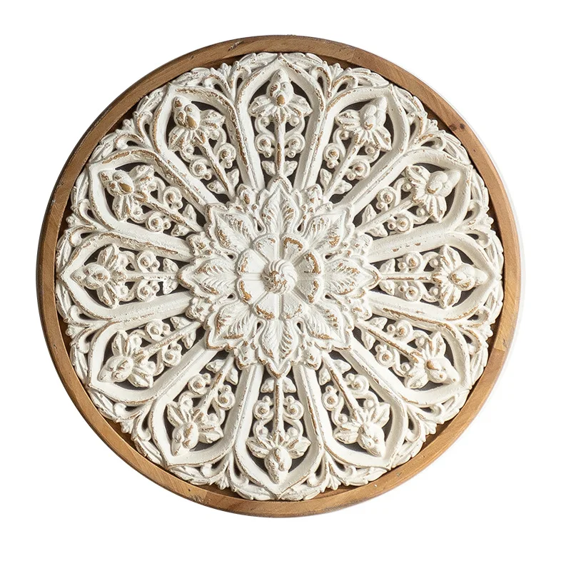 

American antique hollow wall hanging, high-end entrance background decorative painting, wood carving and old wall pendant
