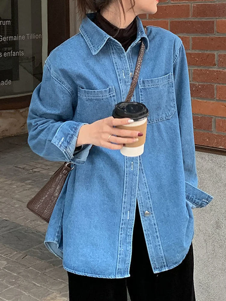 

Рубашка женская джинсовая с длинным рукавом, модный винтажный однобортный Топ свободного покроя, блузка синего цвета, на весну