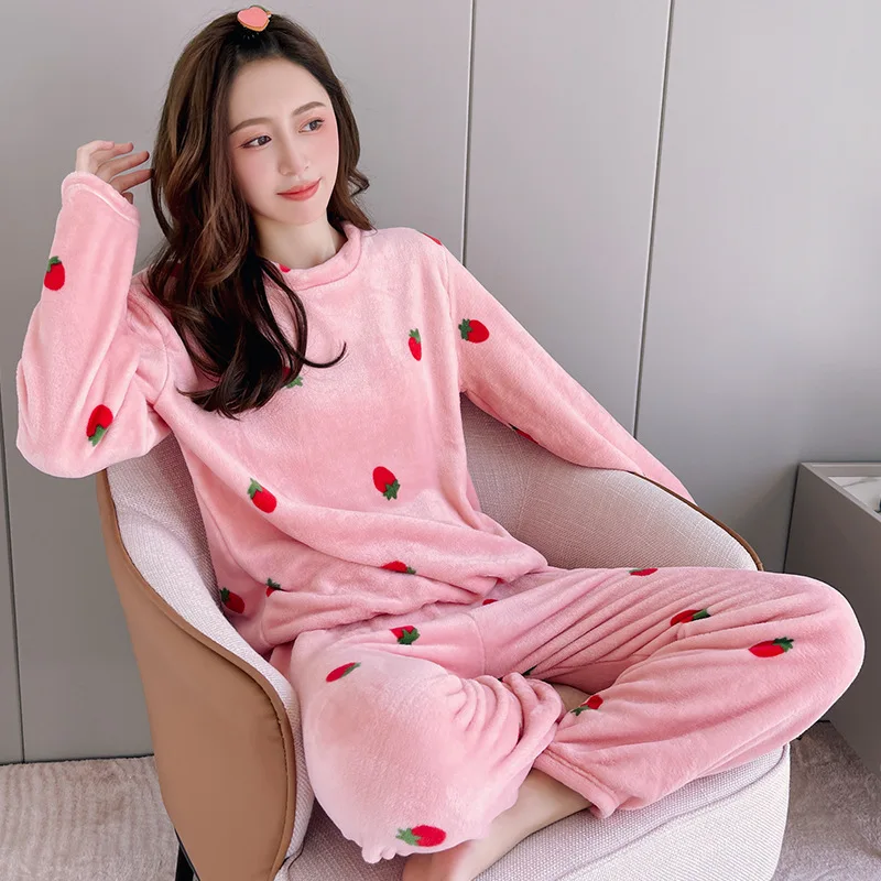 Women Pyjamas Sets 2023 Japan and Korea Winter Warm Flannel Strawberry Coral Long Sleeve Girls Sleepwear Autumn Casual Pajamas