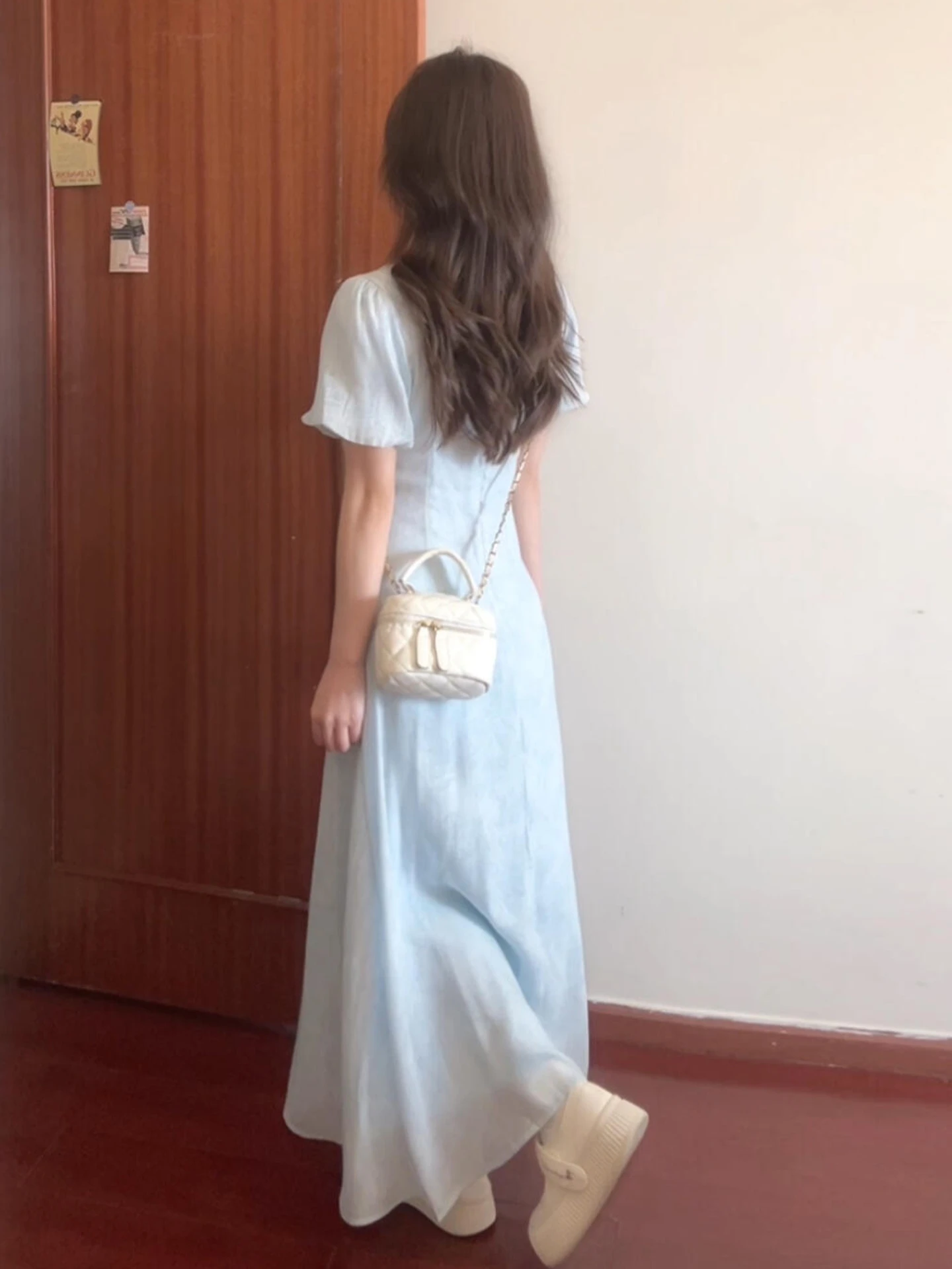 Blue Square Collar ort Sve Dr Women's Summer New Sle High-End Unique Beautiful Long Dr Floral Print A-Line Skirt