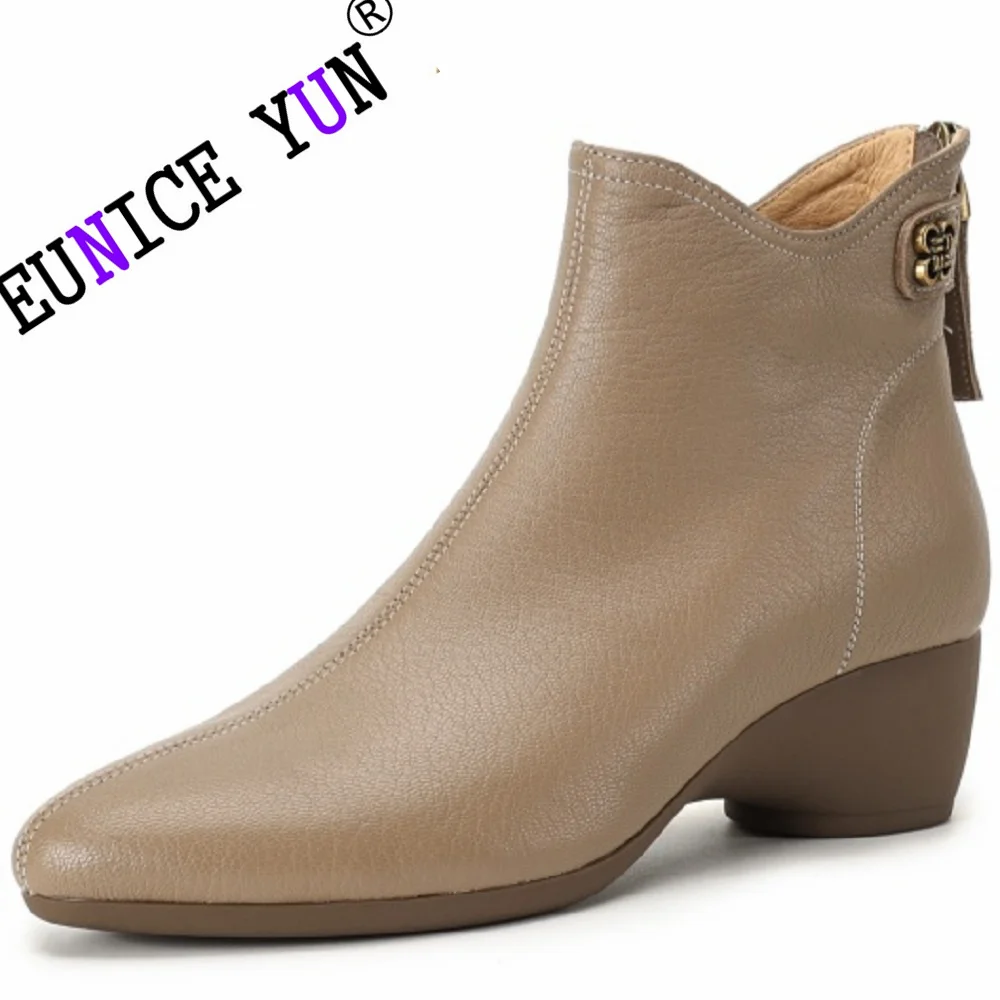 

【EUNICE YUN】new Handmade Brand Genuine Leather women's zip ankle boots wedge low heel elegant ladies short booties shoes 33-40