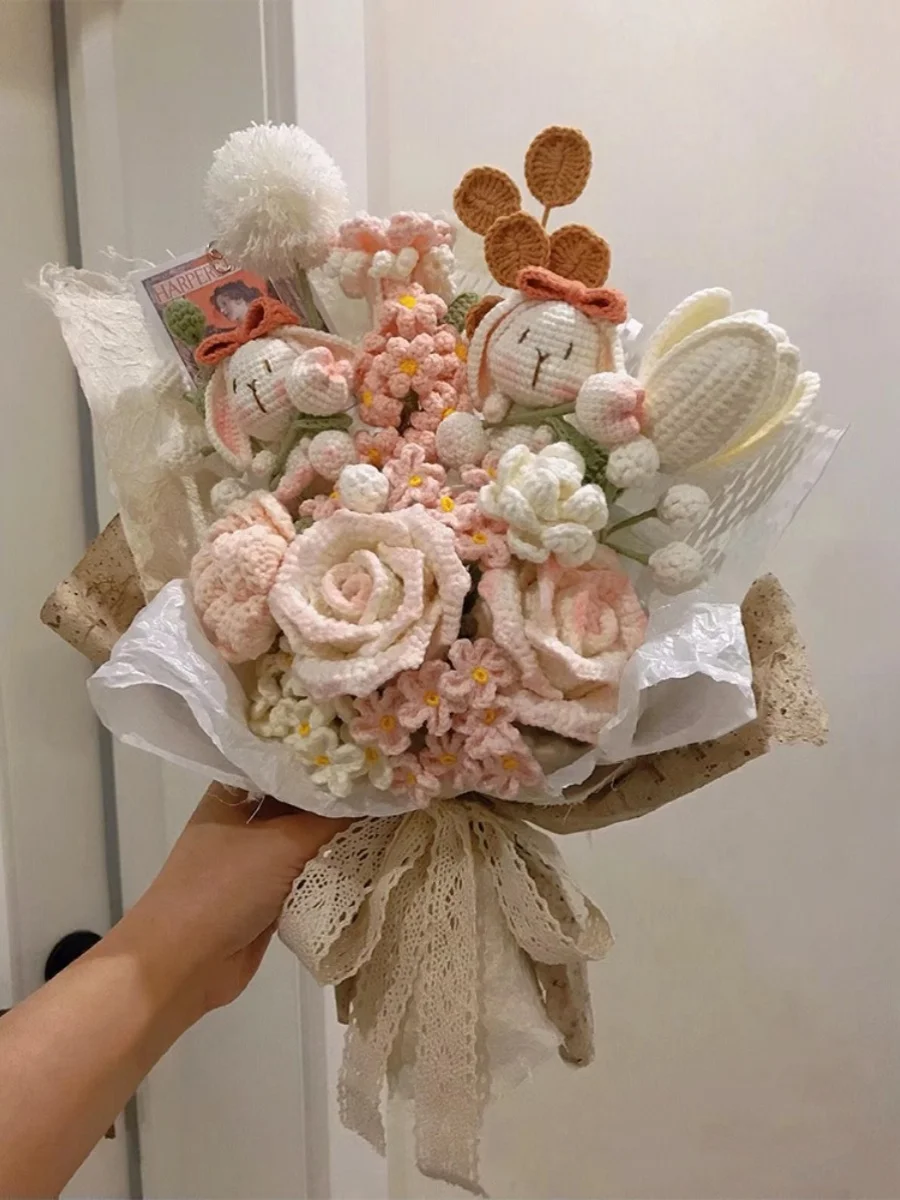 Ramo de flores tejido a mano, Kit de Material de aguja de ganchillo DIY, regalo para el mejor go, hilo de lana, espesor or...