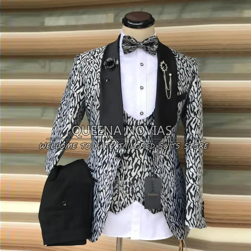 Luxury Men Suits Slim Fit Polka Dot Jacket+Vest+Black Pants 3 Pieces Formal Grooms Single Breasted Blazer Wedding Tuxedos Set