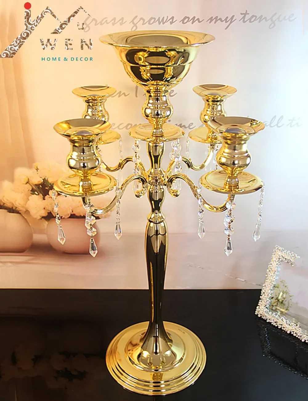 Gold!H75cm * W48cm, gold 5 Heads Crystal Candelabra, Candle Holder, wedding Centerpiece, flower bowl Candle holder with pendants