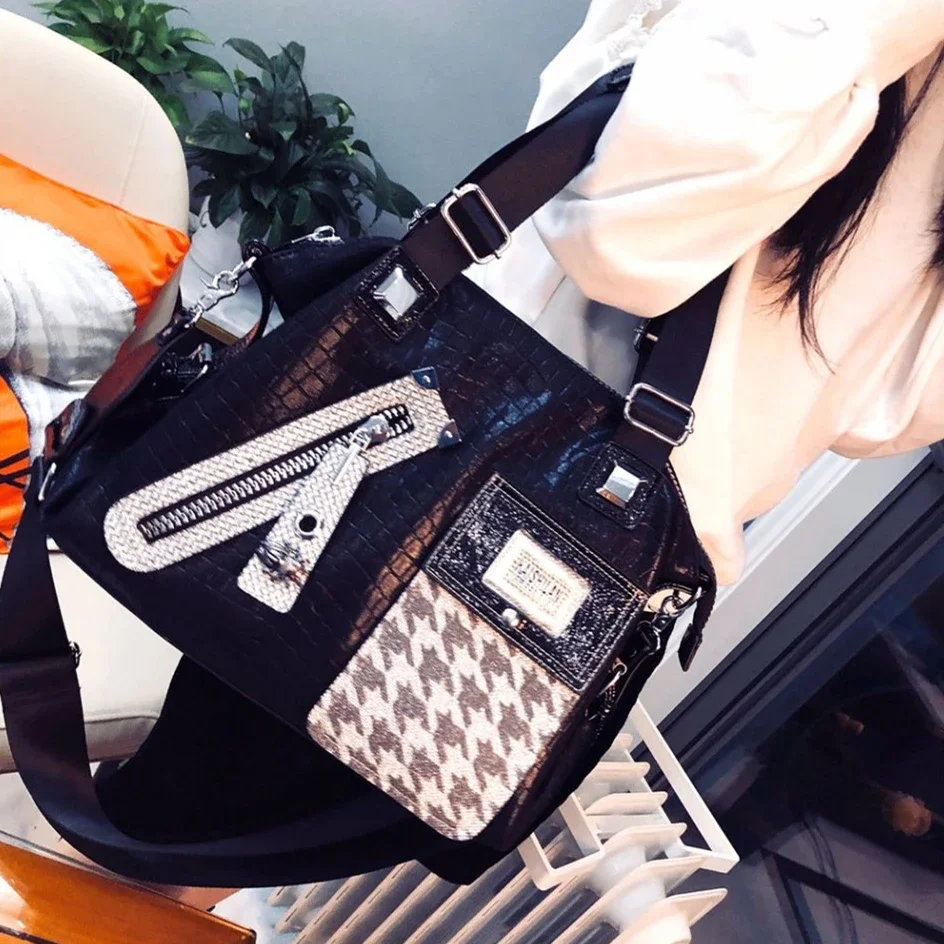 Oversized Female Vegan Leather Patchwork Houndstooth Big Capacity Slouchy Shoulder Bag Large Size Laptop Work Overnight Handbag