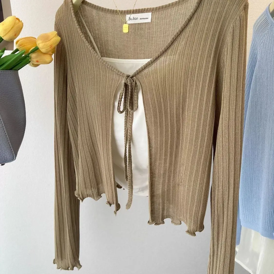 plus Size Ice Silk Shoulder Wrap Cardigan Women's Summer Outerwear Air Conditioning Cover up Thin Long Sleeve Short Jacket