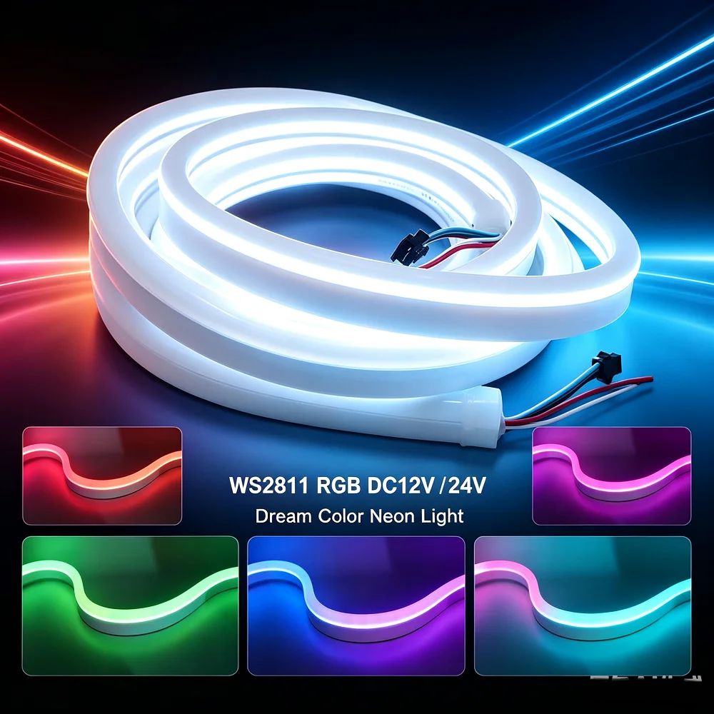 WS2811 Addressable RGB Neon Strip 12V/24V 72LEDs/m 8x16mm Dream Color Pixel Light, IP65 Waterproof Flexible Rope Light for Bedro