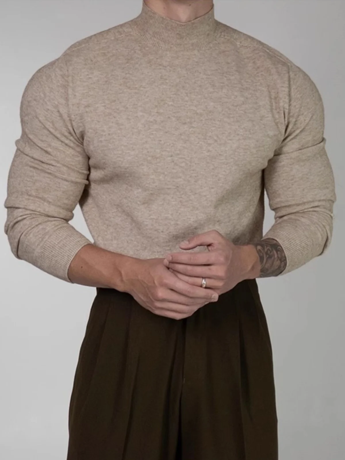 

Мужской трикотажный свитер Fitn Long Sve с высоким воротником, осень-зима, повседневный мягкий модальный полиэстер, нейлон, внутренняя часть...