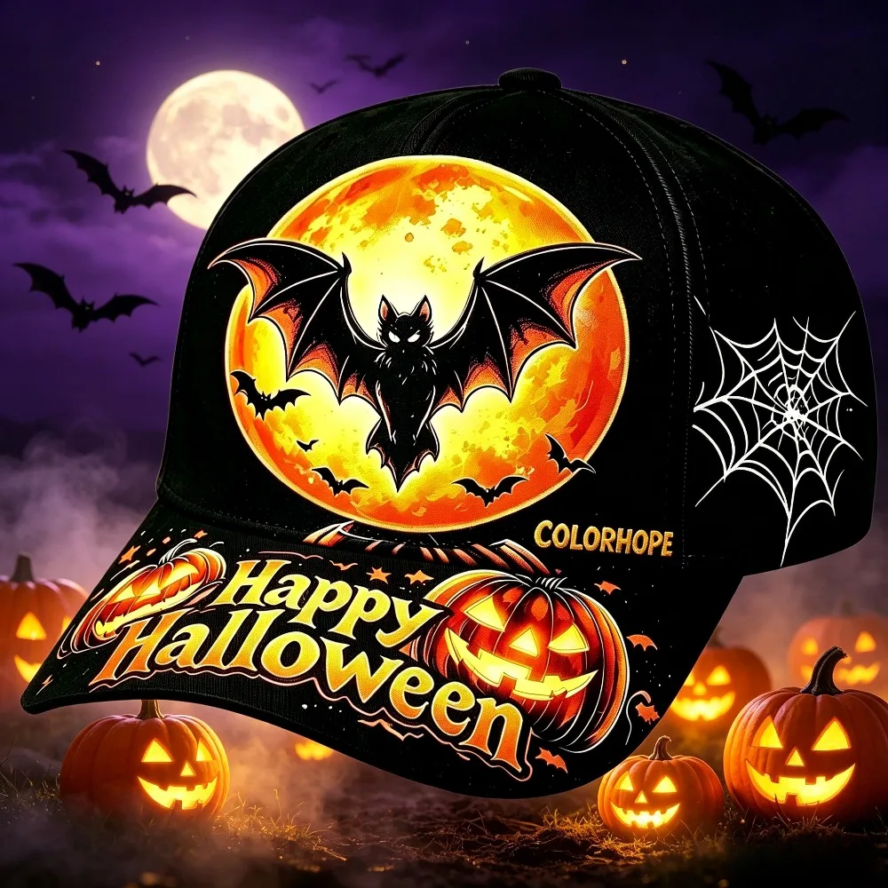 Customization Halloween-Themed Baseball Cap With Bat, Pumpkin, And Spider Web Print Patterns, Unisex, Halloween Gift