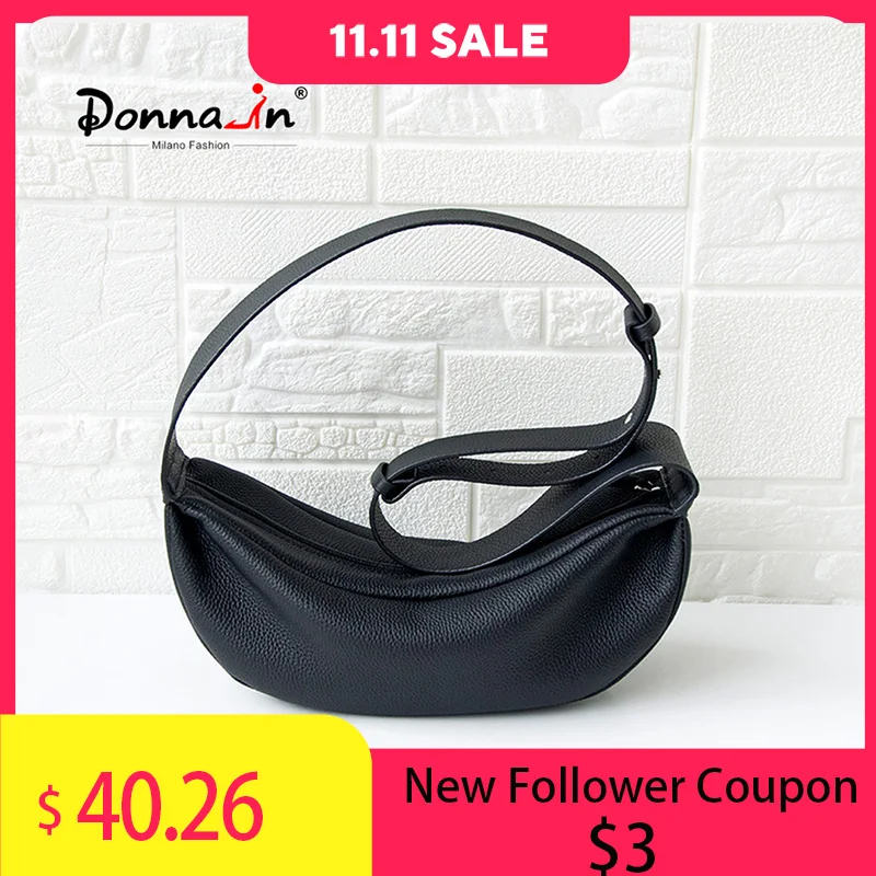 Donna-in Genuine Leather Shoulder Cross-body Bag Women Men Classic Casual Black Hobos Chest Bag Comfortable Wide Shoulder Strap