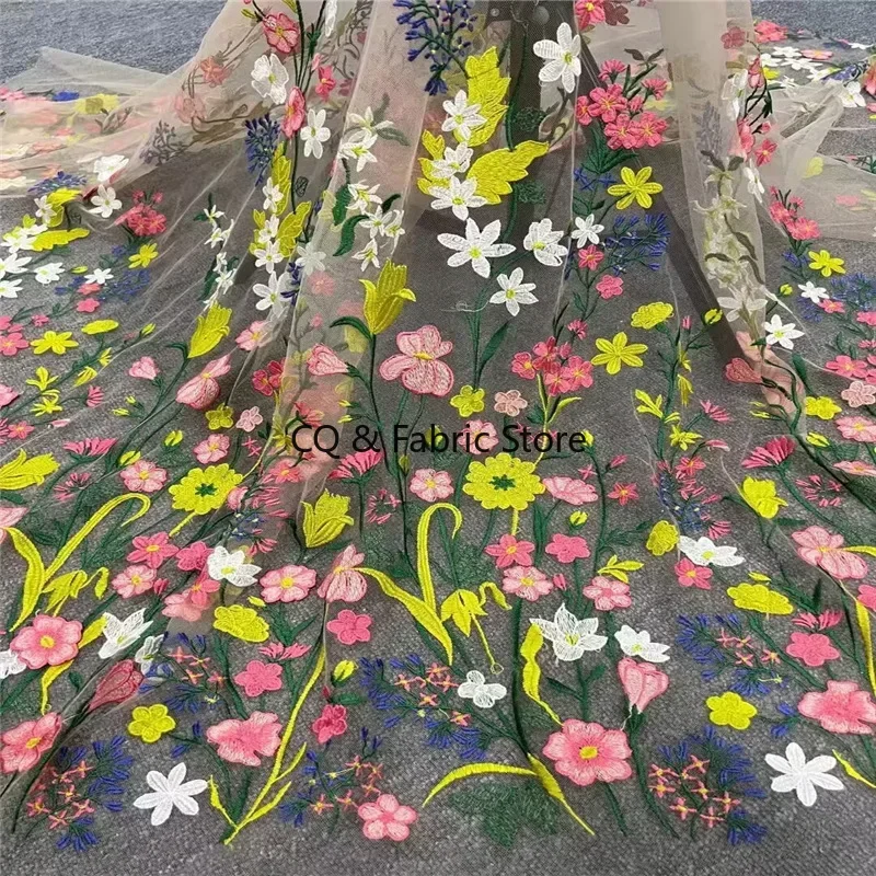 New Mesh Multi color Three dimensional Embroidery Lace Fabric Exquisite Wedding Dress Evening Dress Designer Fabric