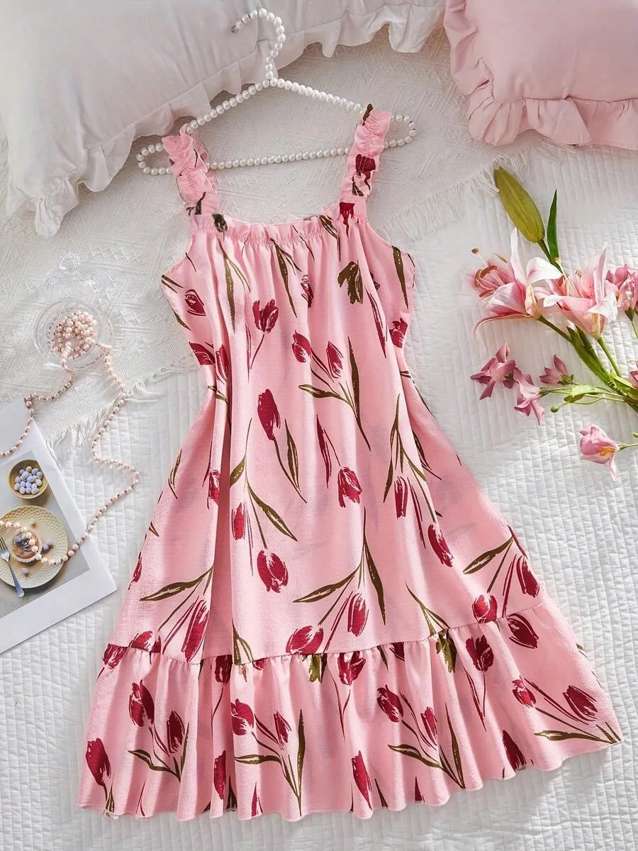 Tulip Print Sleeveless Slip Nightdress Women Sexy Home Dress