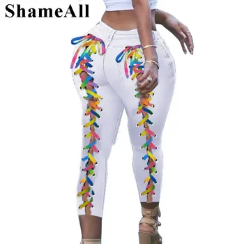 Seksi Şerit Dantel Süper Sıska Sıkıntılı Beyaz Kot Pantolon Pantolon Kulübü Parti Sıkı Sıkı Yırtık Kapriler Melodi Kot