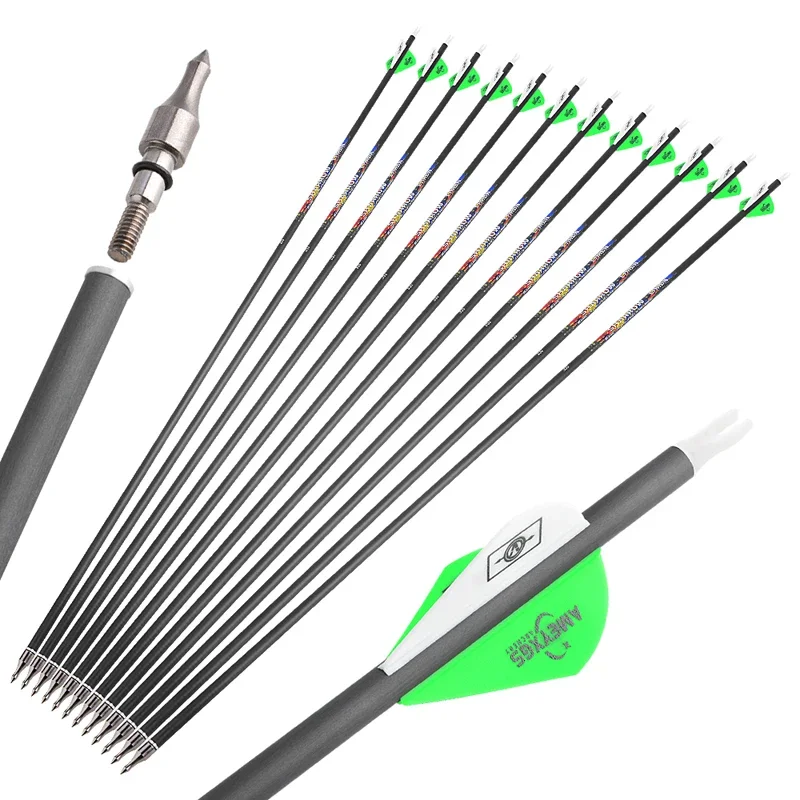 6/12PCS Pure Carbon Arrow Spine 250/300/350/400/500/600 ID6.2mm 31inch Archery Arrow Shafts for Bow Hunting Shooting Accessories