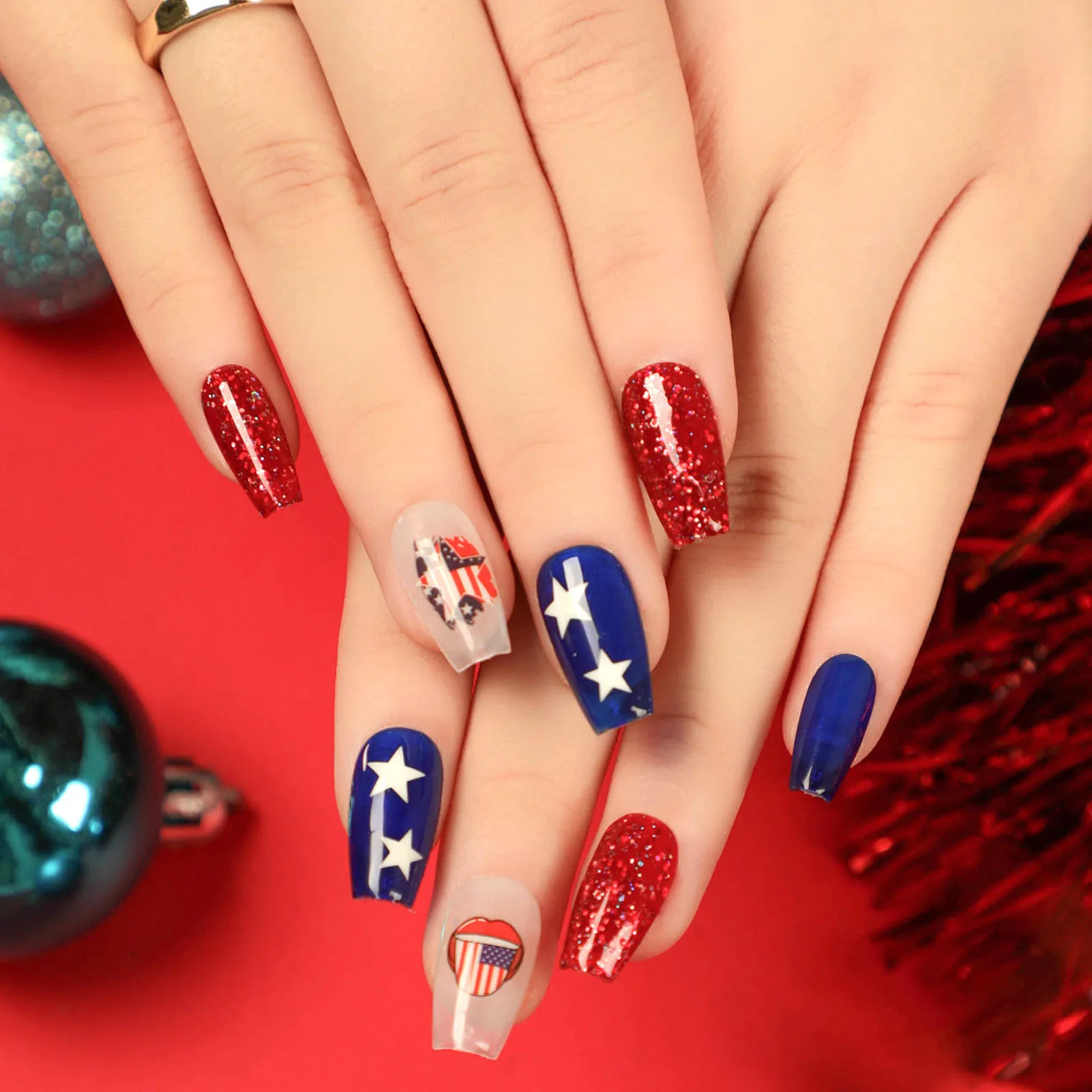 24pcs Press-on Nail for Women Long Lasting Independence Day Theme Fake Nail for Women and Girl Party Activity