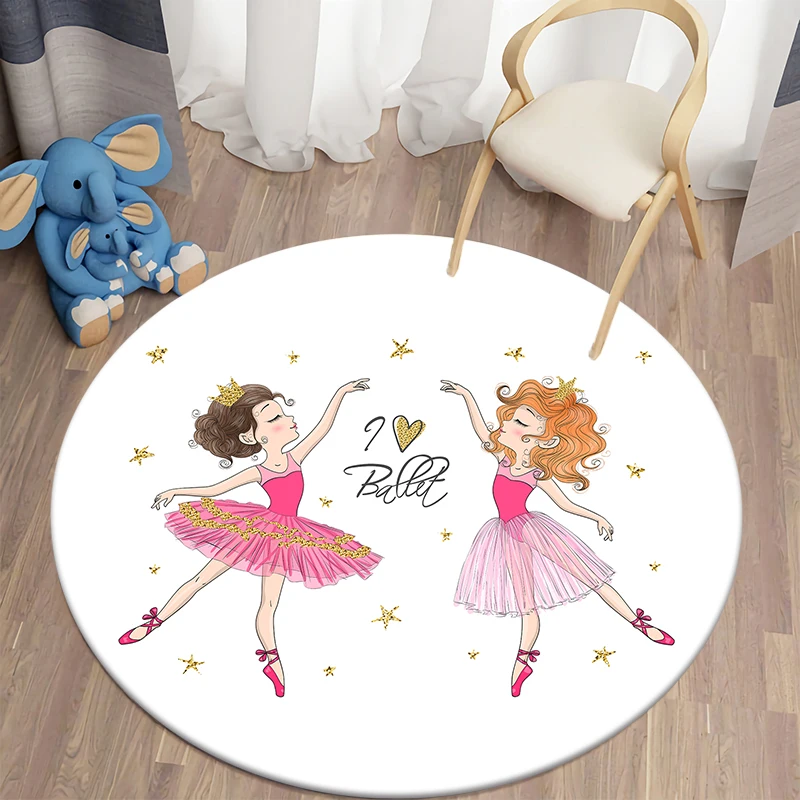 Cartoon Ballerina Girl Print Pattern Round Living Room Rugs Kids  Bedroom   and Home Decor 