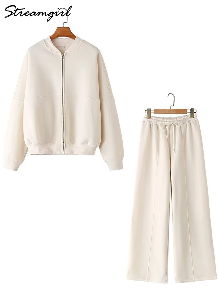 

Women Warm Tracksuit Winter Autumn Zipper Jackets Wide Leg Fleece Pants Set 2 Pieces Loose Top And Trouser Set Velvet Sweatsuits