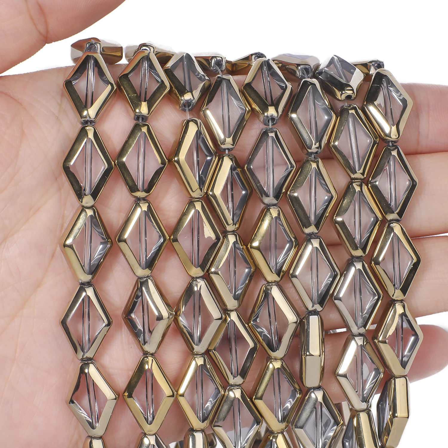 Diamantförmige, goldrandige Kristallquarzperlen, 10 x 15 mm, transparente, farbige Glasperlen für die Schmuckherstellung, zum Selbermachen von Halsketten. – Detail 17